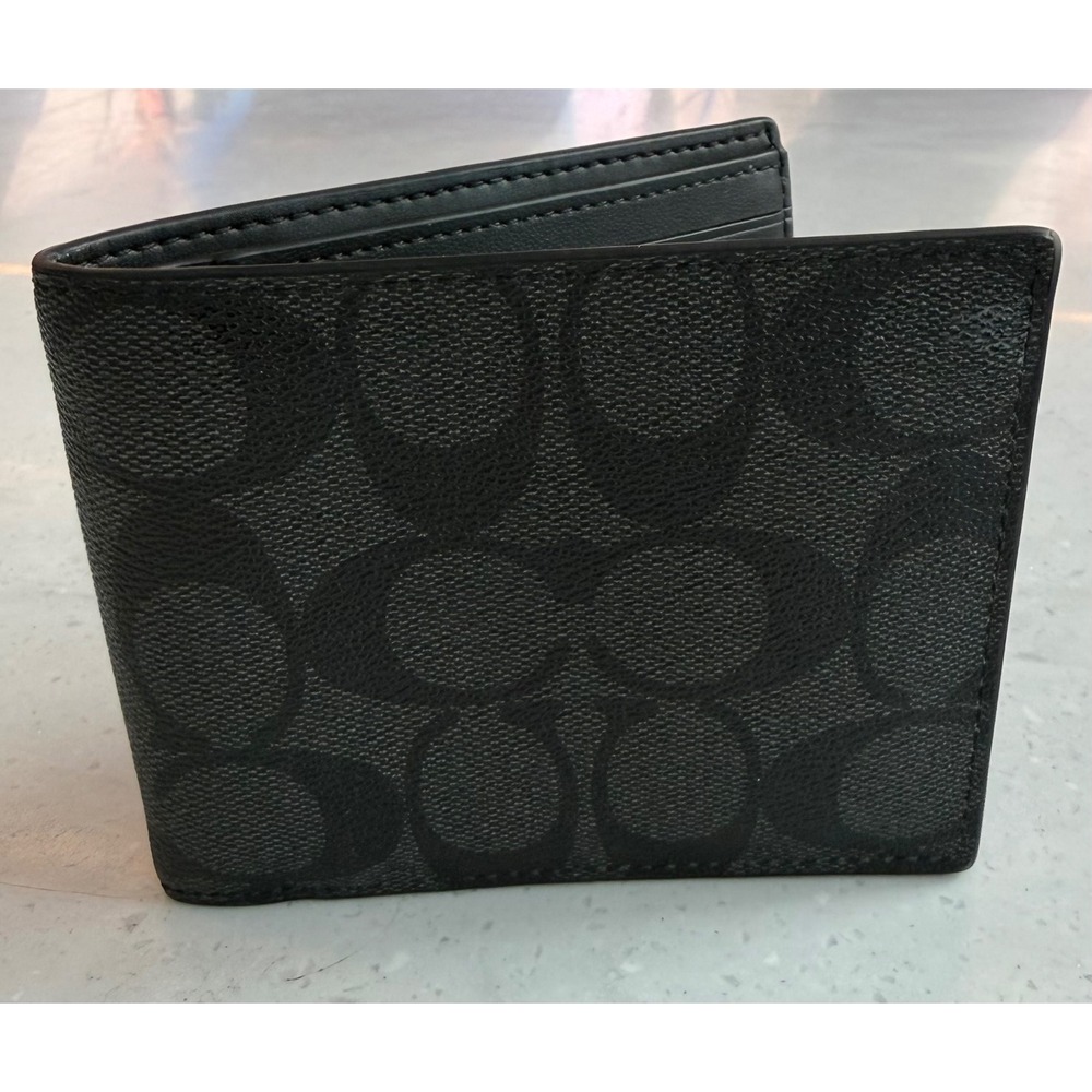Coach Mens Signature Canvas Bifold Wallet Charcoal Black 74993